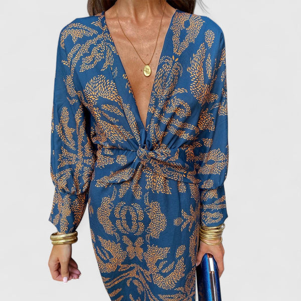 Δημητρούλα - Μίντι Φόρεμα με Στρίψιμο Μπροστά, Βαθύ V-Ντεκολτέ, Μακριά Μανίκια & Παϊσλέ Σχέδιο