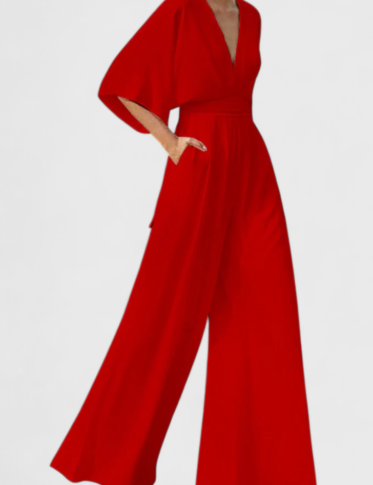 Isaura Μακρύ Κομψό Ολόσωμο με Φαρδύ Μπατζάκι και Ντεκολτέ σε V