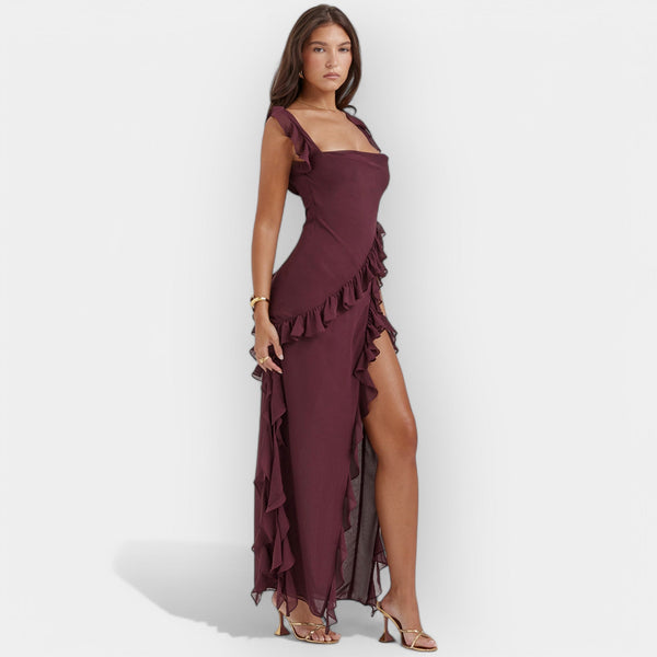 Φόρεμα με Σκίσιμο και Ρυθμισμένα Βολάν