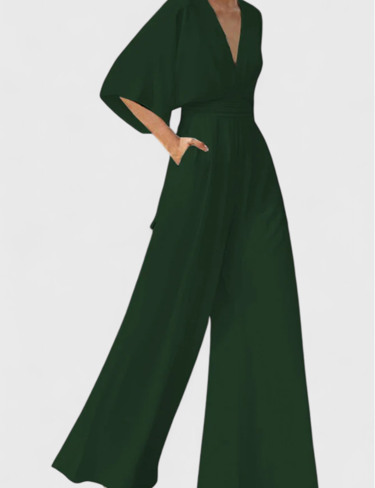 Isaura Μακρύ Κομψό Ολόσωμο με Φαρδύ Μπατζάκι και Ντεκολτέ σε V