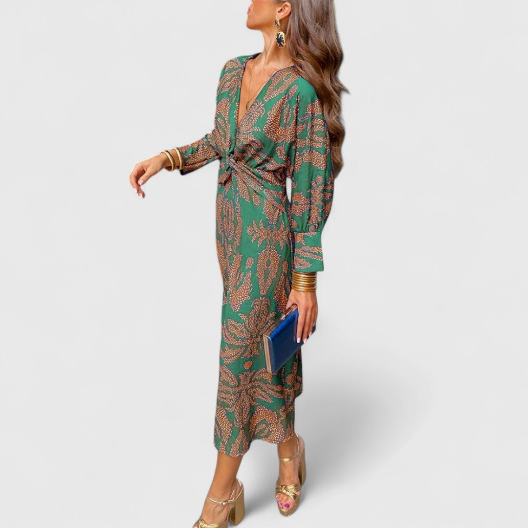 Δημητρούλα - Μίντι Φόρεμα με Στρίψιμο Μπροστά, Βαθύ V-Ντεκολτέ, Μακριά Μανίκια & Παϊσλέ Σχέδιο