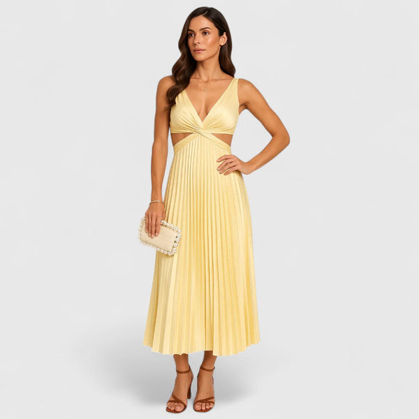 Ίριδα - Φόρεμα μίντι πλισέ με εκλεπτυσμένη φινέτσα και άνετη γραμμή