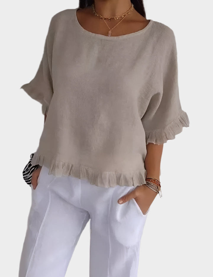 Αέρινη Λινή Μπλούζα με Ραφές και Βολάν