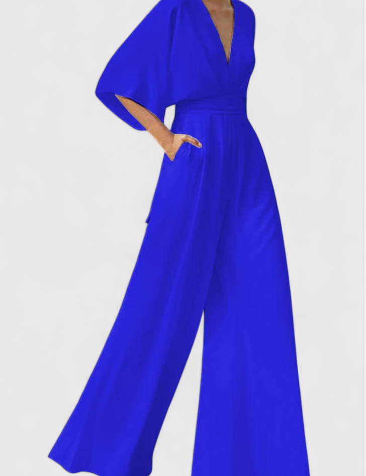 Isaura Μακρύ Κομψό Ολόσωμο με Φαρδύ Μπατζάκι και Ντεκολτέ σε V