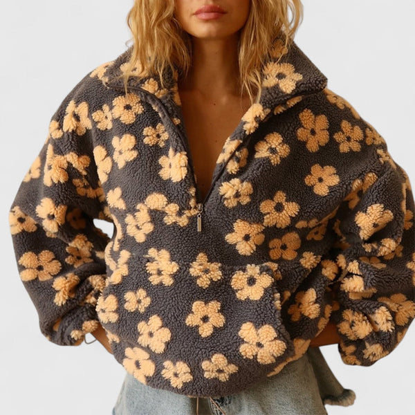 Μελπομένη - Ζακέτα φλις με μακριά μανίκια και λουλουδένιο μοτίβο για θηλυκό στυλ