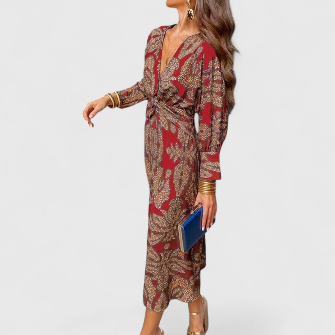 Δημητρούλα - Μίντι Φόρεμα με Στρίψιμο Μπροστά, Βαθύ V-Ντεκολτέ, Μακριά Μανίκια & Παϊσλέ Σχέδιο