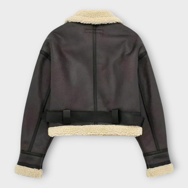 Δερμάτινο Κοντό Μπουφάν με Γούνα και Ζώνη