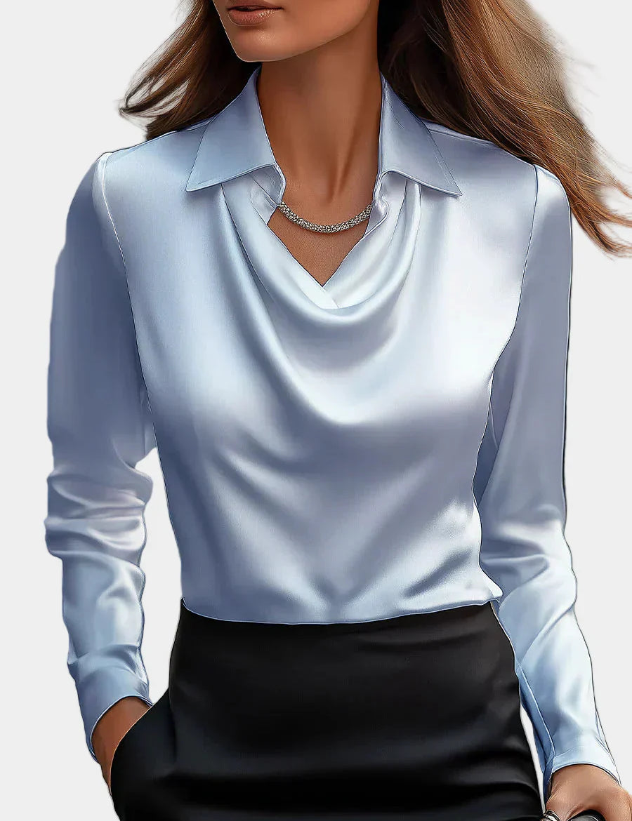 Κομψή Λευκή Σατέν Μπλούζα με Ντραπέ Ντεκολτέ