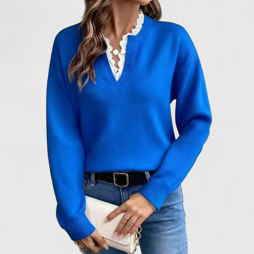 Ευτυχία - Μπλούζα με Δαντέλα και V-Λαιμόκοψη με Κομψή Άνεση