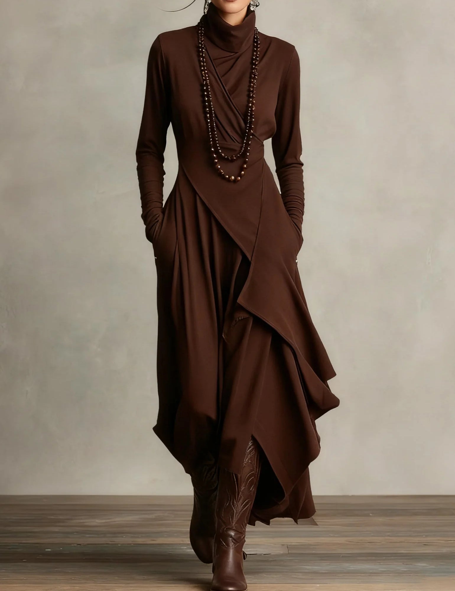 Sandra - Ασύμμετρο μακρύ πλισέ φόρεμα με ψηλό γιακά σε μοβ χρώμα