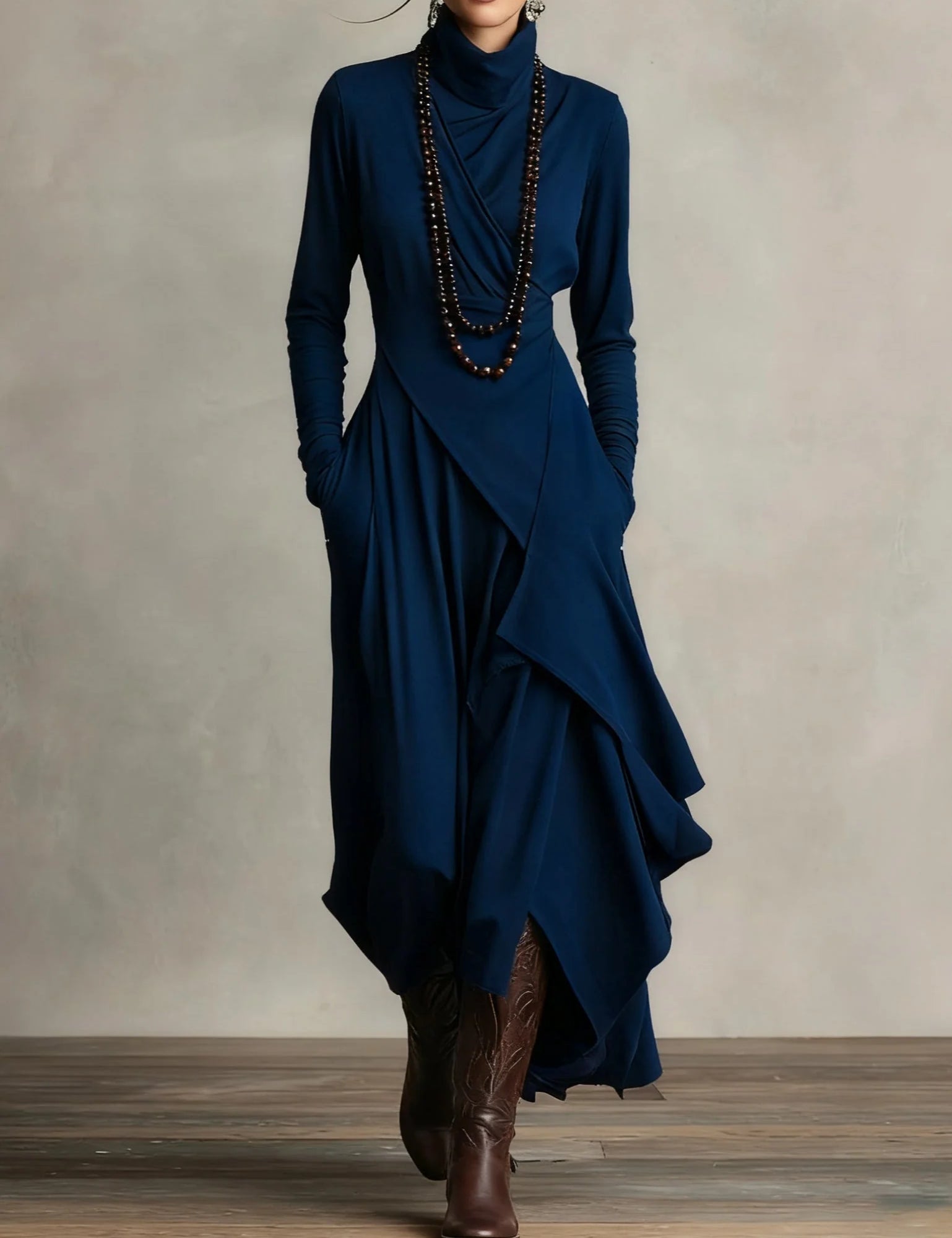 Sandra - Ασύμμετρο μακρύ πλισέ φόρεμα με ψηλό γιακά σε μοβ χρώμα