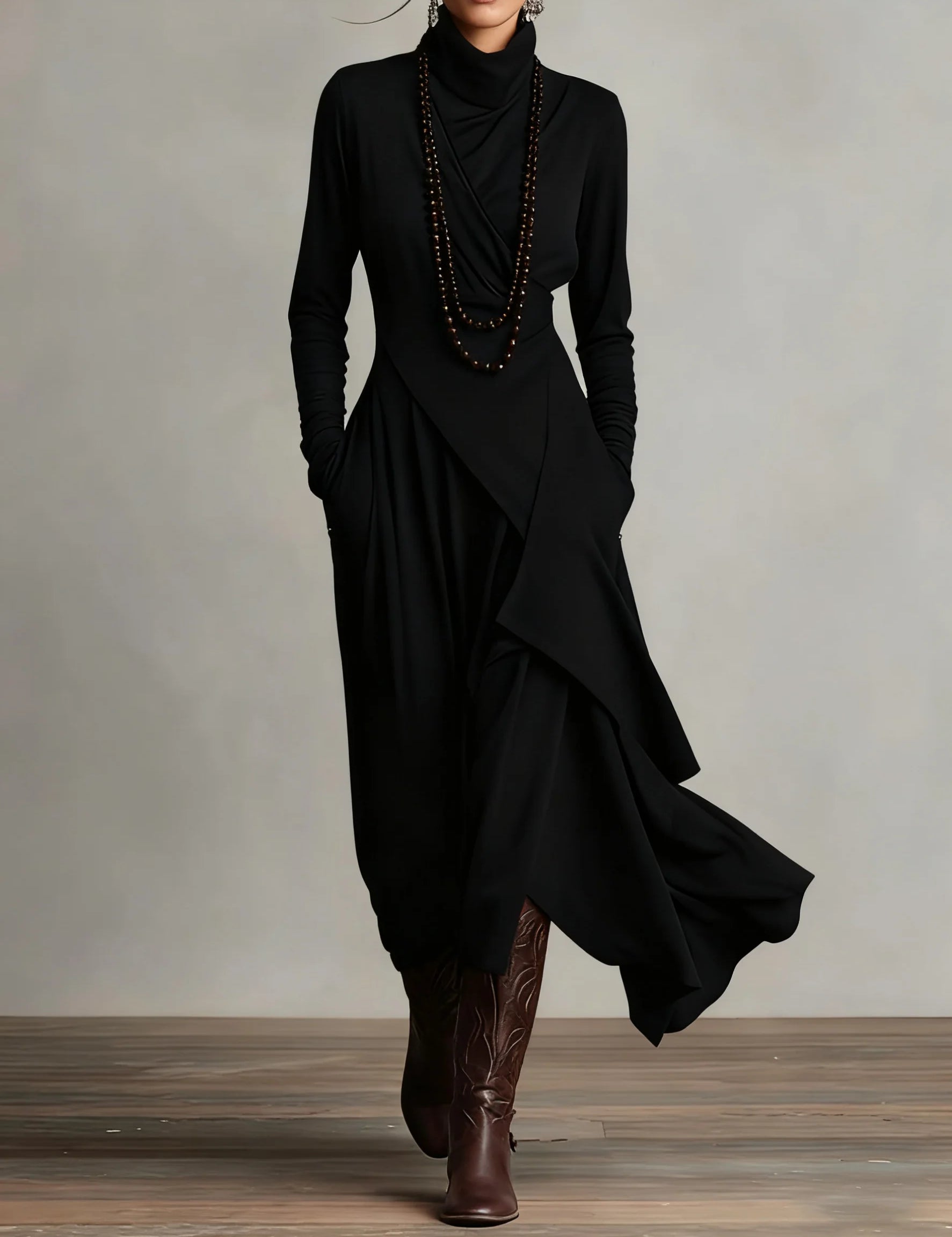 Sandra - Ασύμμετρο μακρύ πλισέ φόρεμα με ψηλό γιακά σε μοβ χρώμα