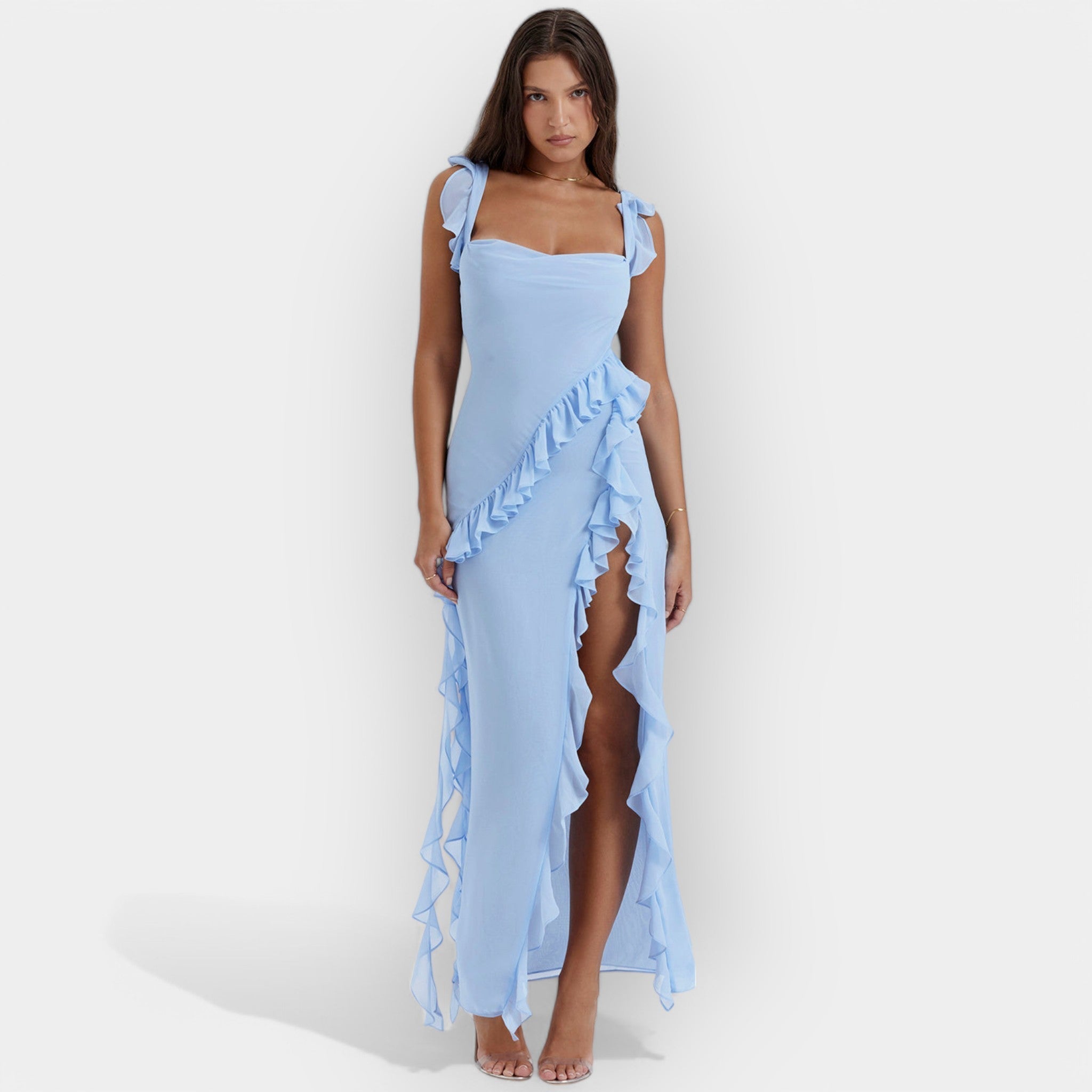 Φόρεμα με Σκίσιμο και Ρυθμισμένα Βολάν