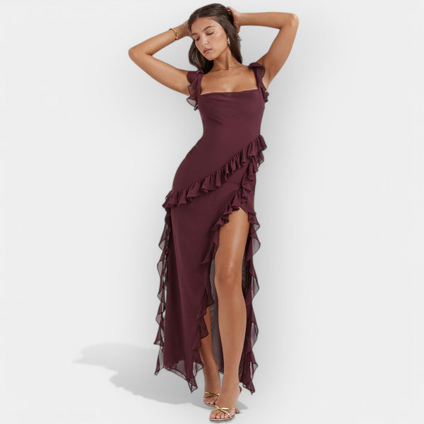 Φόρεμα με Σκίσιμο και Ρυθμισμένα Βολάν