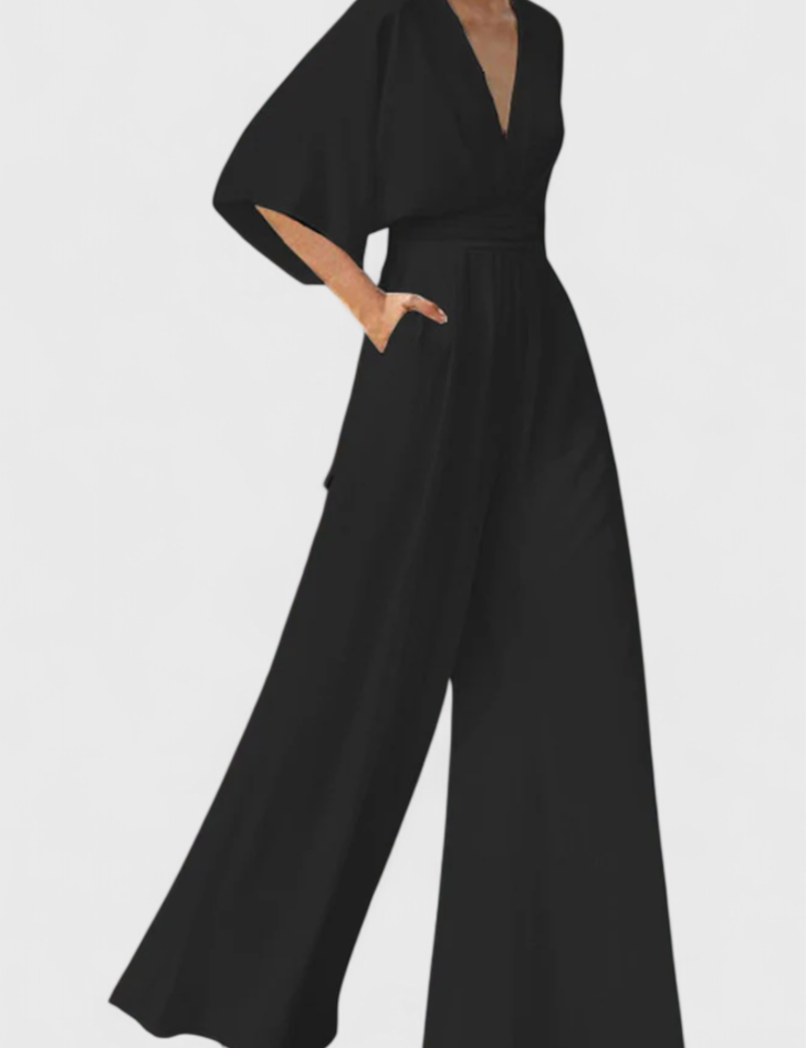 Isaura Μακρύ Κομψό Ολόσωμο με Φαρδύ Μπατζάκι και Ντεκολτέ σε V