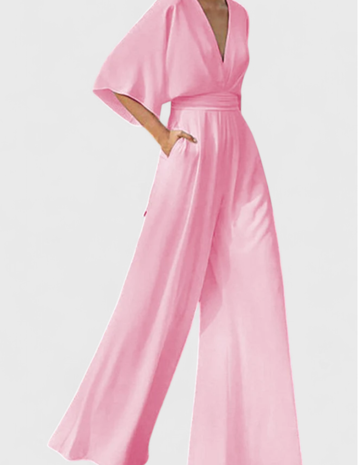 Isaura Μακρύ Κομψό Ολόσωμο με Φαρδύ Μπατζάκι και Ντεκολτέ σε V