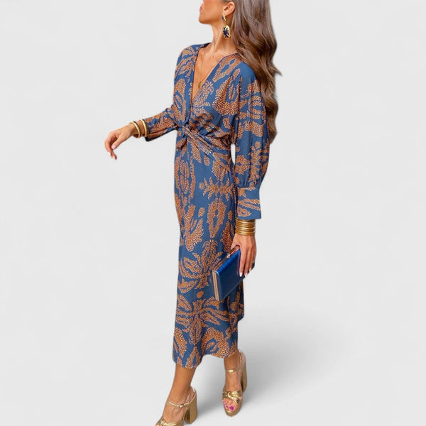 Δημητρούλα - Μίντι Φόρεμα με Στρίψιμο Μπροστά, Βαθύ V-Ντεκολτέ, Μακριά Μανίκια & Παϊσλέ Σχέδιο