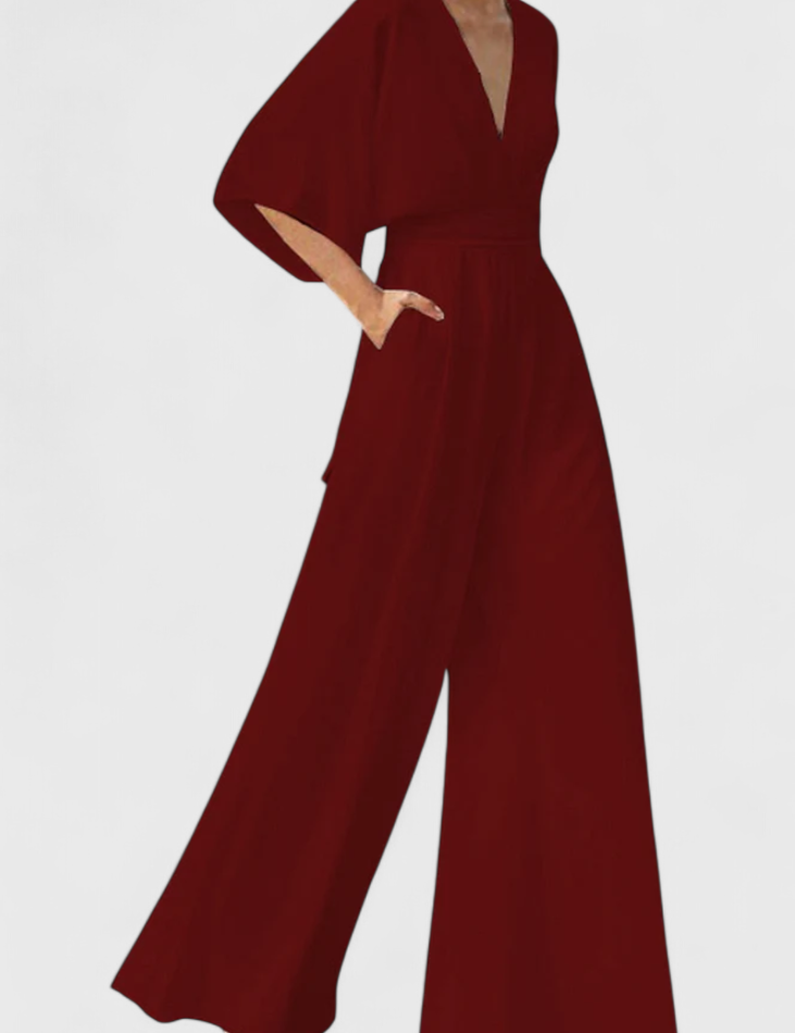 Isaura Μακρύ Κομψό Ολόσωμο με Φαρδύ Μπατζάκι και Ντεκολτέ σε V